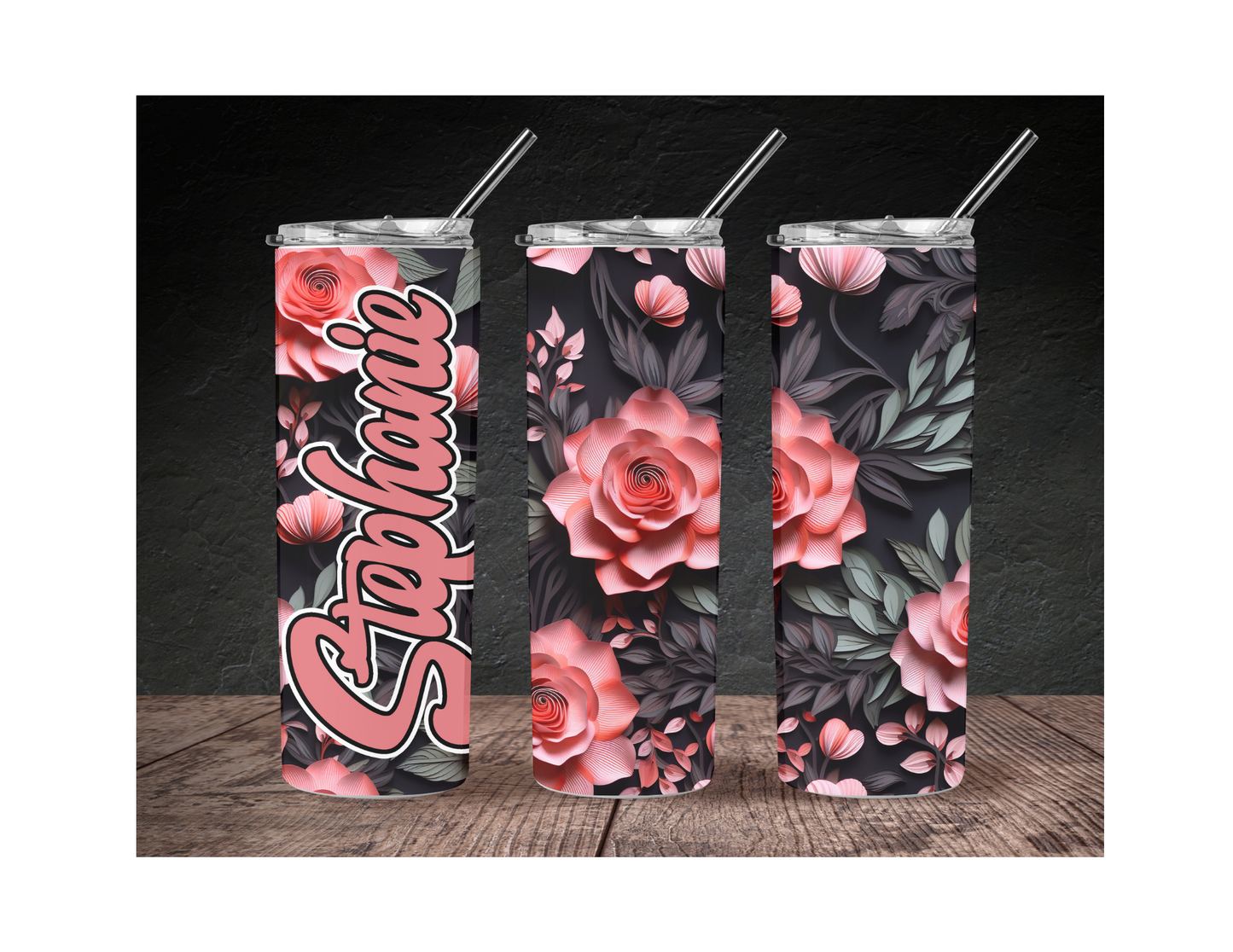Personalized 3D Black Floral Tumbler